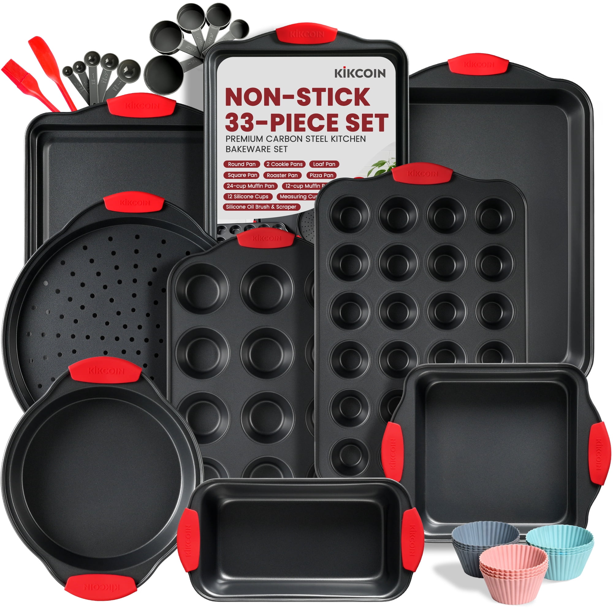 Kikcoin Bakeware Set, 33-Piece Baking Pans Set, Nonstick Baking Sheet Pans for Kitchen with Silicone Handles, Nonstick Cookie Sheets, Loaf Pan, Gray