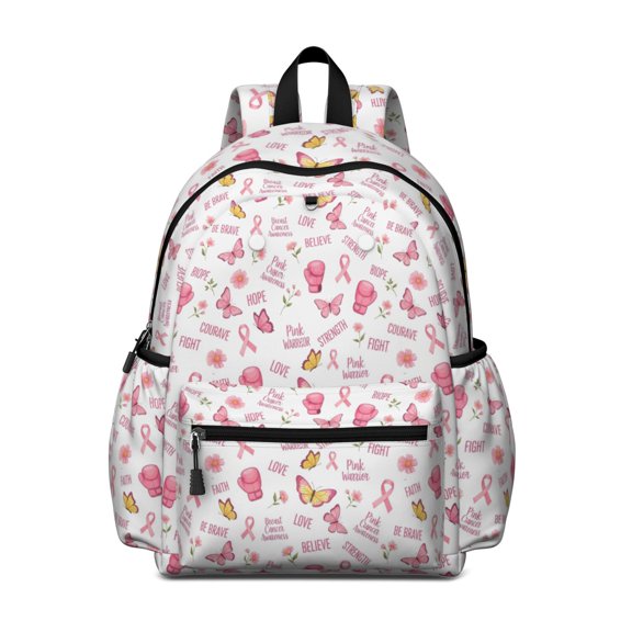 Pink Butterfly Word Pattern Cute School Backpack with Padded Back and Adjustable Shoulder Straps 13.4"x11"x4.7"