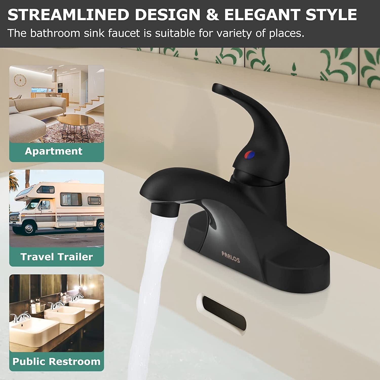 Parlos Centerset Single-handle Bathroom Faucet with Drain Assembly,Matte Black