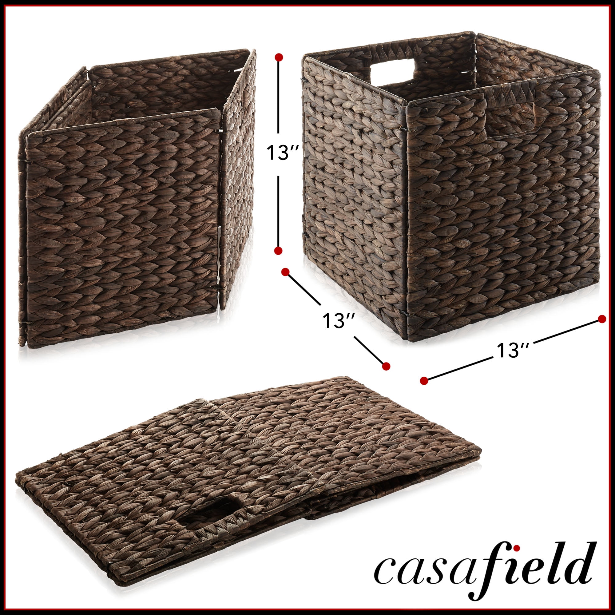 Casafield 13" x 13" Water Hyacinth Storage Baskets, Espresso - Set of 2 Collapsible Cube Organizers, Woven Bins for Bathroom, Bedroom, Laundry, Pantry, Shelves
