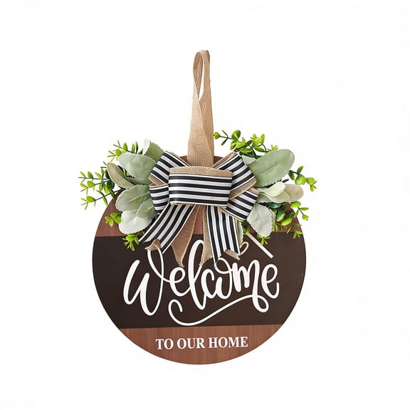 COM1950s Round Bow Welcome Wreath, Wooden Front Door Hanging Decor for Home