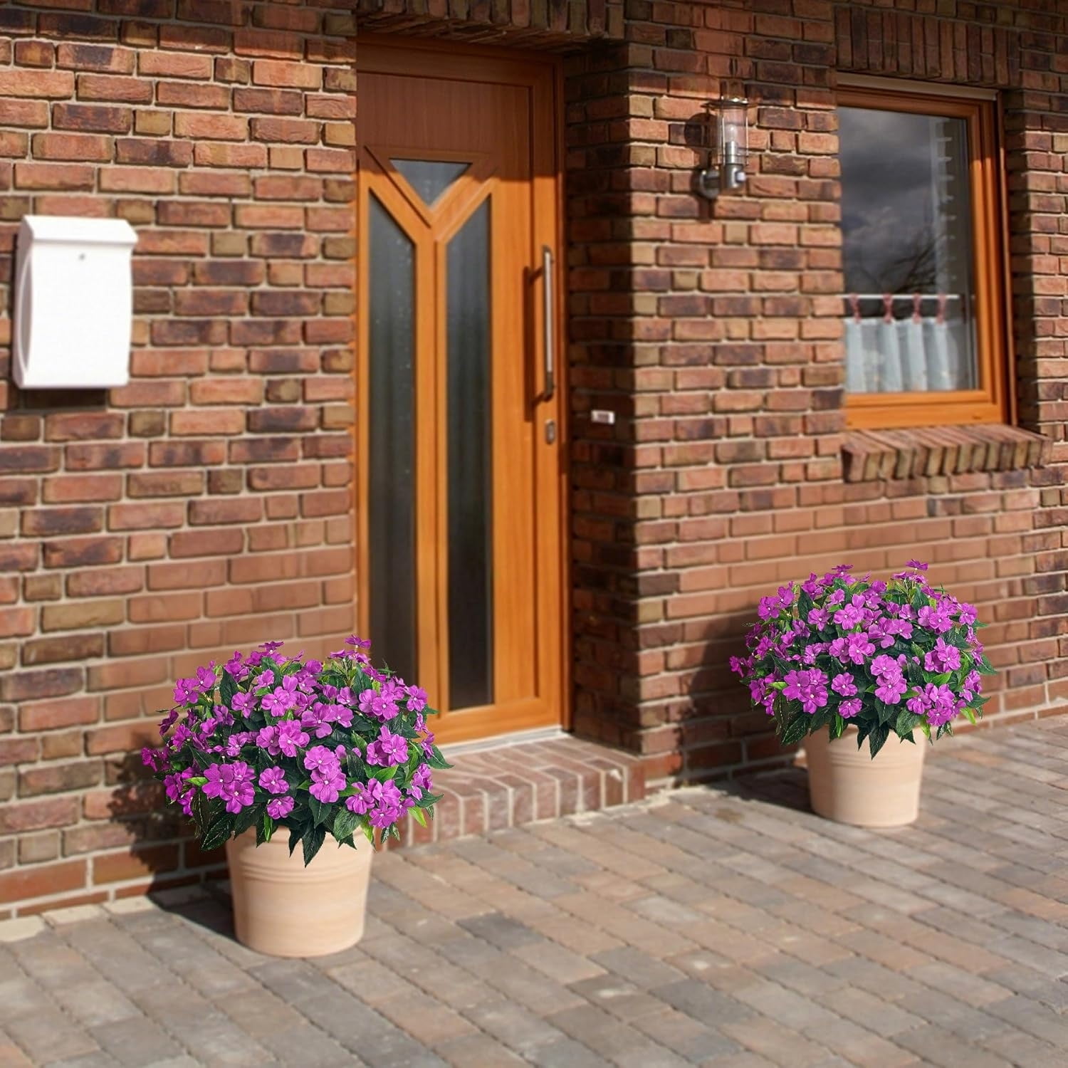4 Pcs 7Branches Fake Impatiens Artificial Flowers Fake Flowers Bouquet No Fade Faux Silk Plants for Wedding Garden Patio Balcony Porch Window Box Decor,Purple,UV Resistant