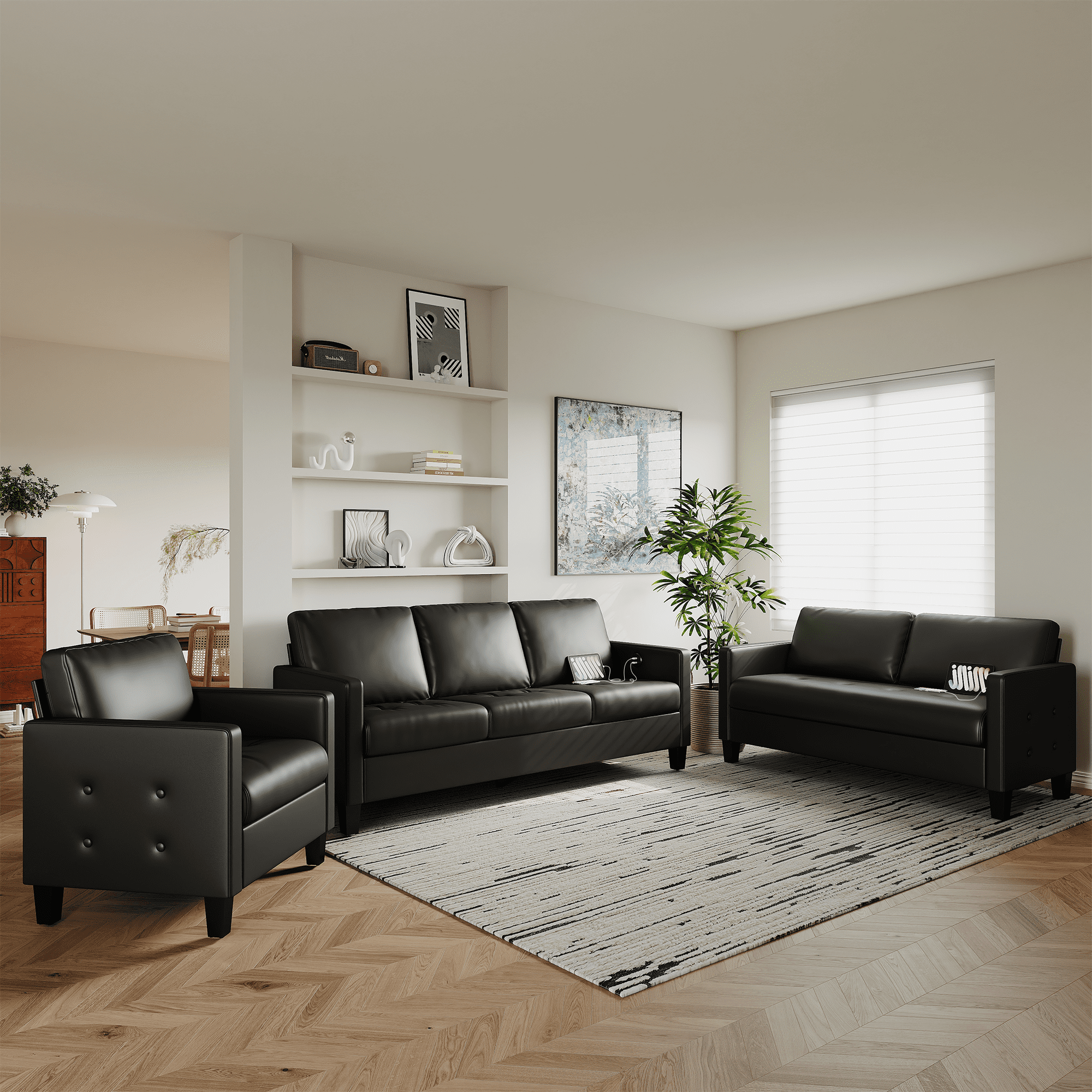 Coewske 72" W PU Leather 3 Seater Couch Sofa with USB Ports for Living Room Apartment Bedroom, Black