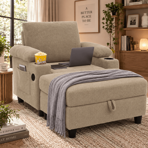 LEGAHOME Accent Chair with Storage Ottoman, Upholstered Living Room Chair with Adjustable Backrest, Cupholder and USB-C Port, Modern Arm Chair for Living Room, Bedroom, Wood Frame, Camel