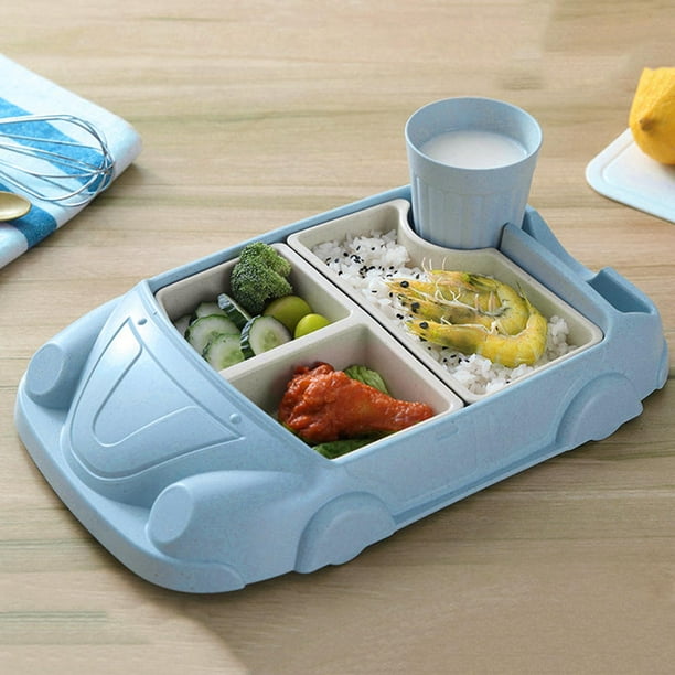 4 unids/set de vajilla de bambú, juego de cena para niños pequeños, juego de vajilla para niños, , tazón, taza, utensilios, cubiertos, respetuoso Azul Baoblaze Placa de servicio
