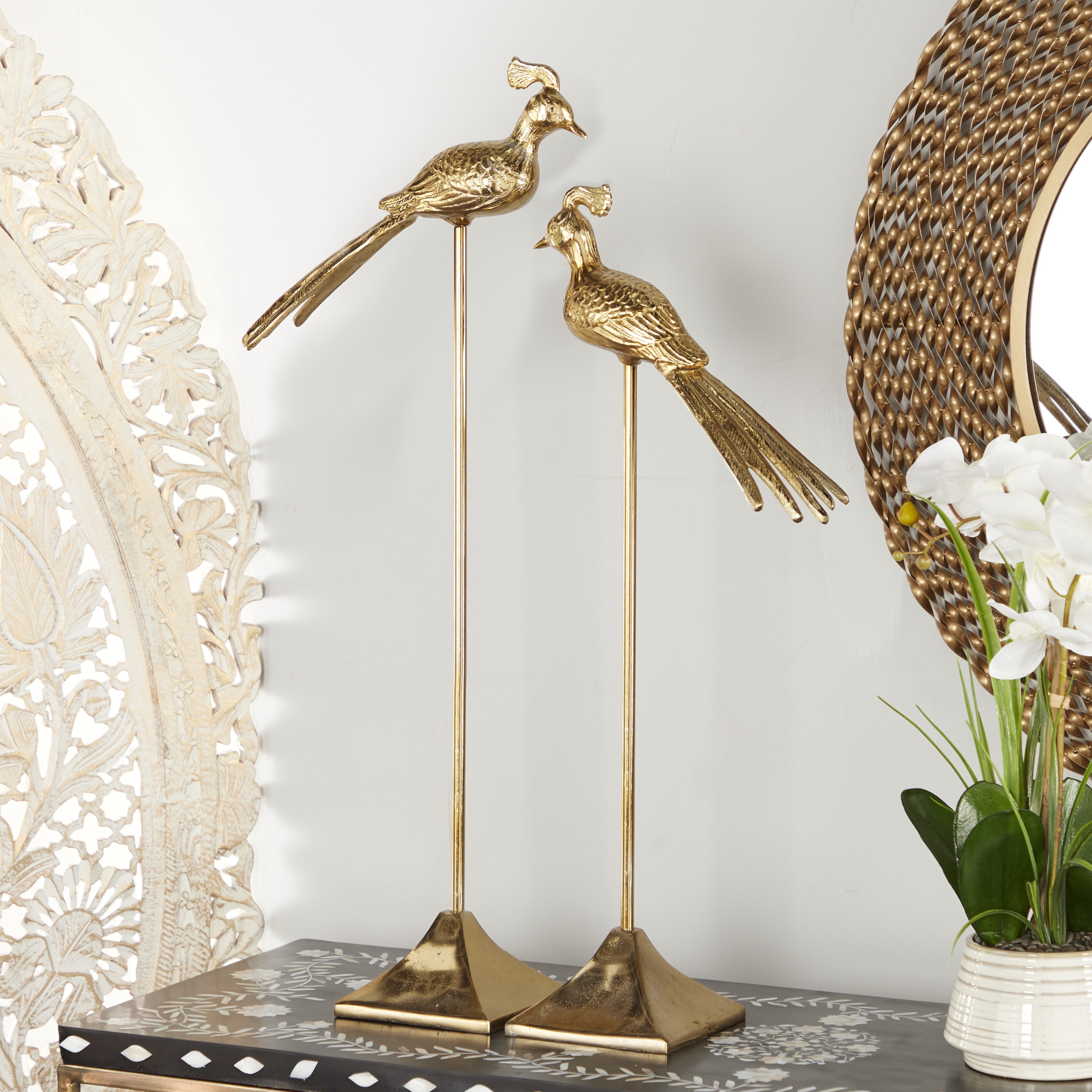 33", 27"H Gold Aluminum Bird Sculpture, by DecMode (2 Count)