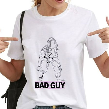 Women New Billie Eilish Funny Pattern Print Bad Guy Letter Short Sleeve T-Shirt Casual Personality Shirts Tops Fans