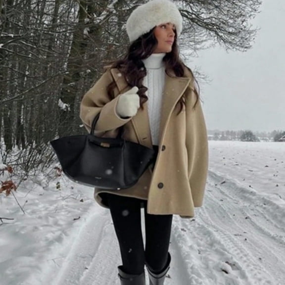 Women's Khaki Batwing Sleeve Loose Wool Short Coat