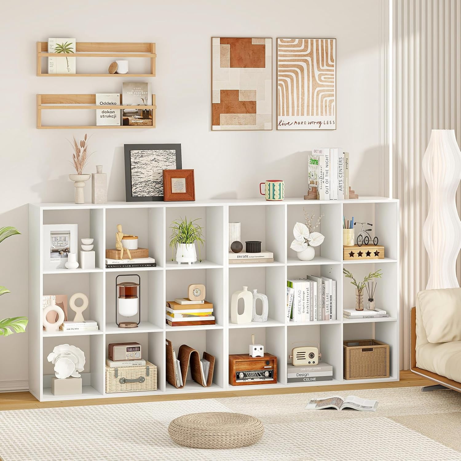 XiangJi 9-Cube Bookcase, 4-Tier Bookshelf with Open Compartments, Freestanding Cube Storage Organizer with Anti-Toppling Kits, Modern Display Shelf for Living Room, Study, Office, White (1,9-Cube)