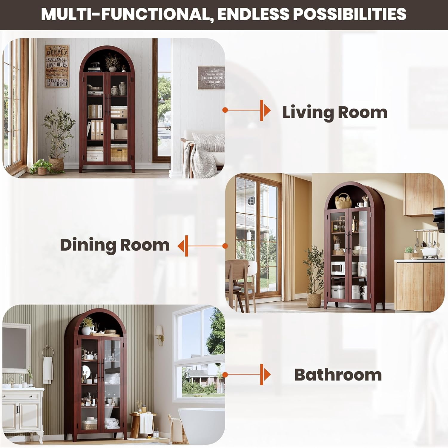 Memoryfield Farmhouse 5 Tier Bookcase Display Shelf, with Adjustable Shelf and 2 Large Glass Doors, Arched Kitchen Pantry Cabinet, Versatile Storage Cupboard, Walnut