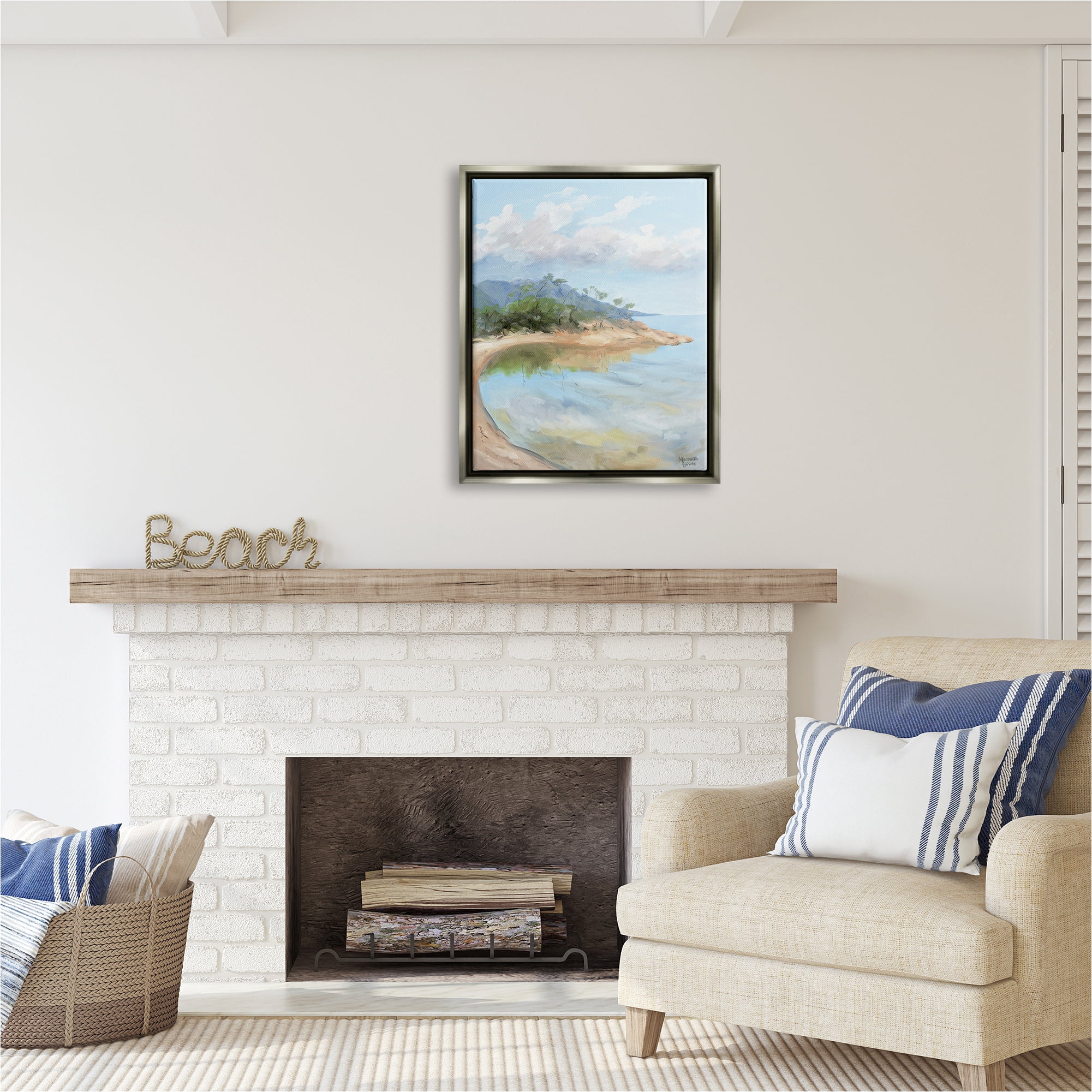 Stupell Industries Soft Beach Painting Landscape Painting Gray Floater Framed Canvas Art Print Wall Art, 25 x 31