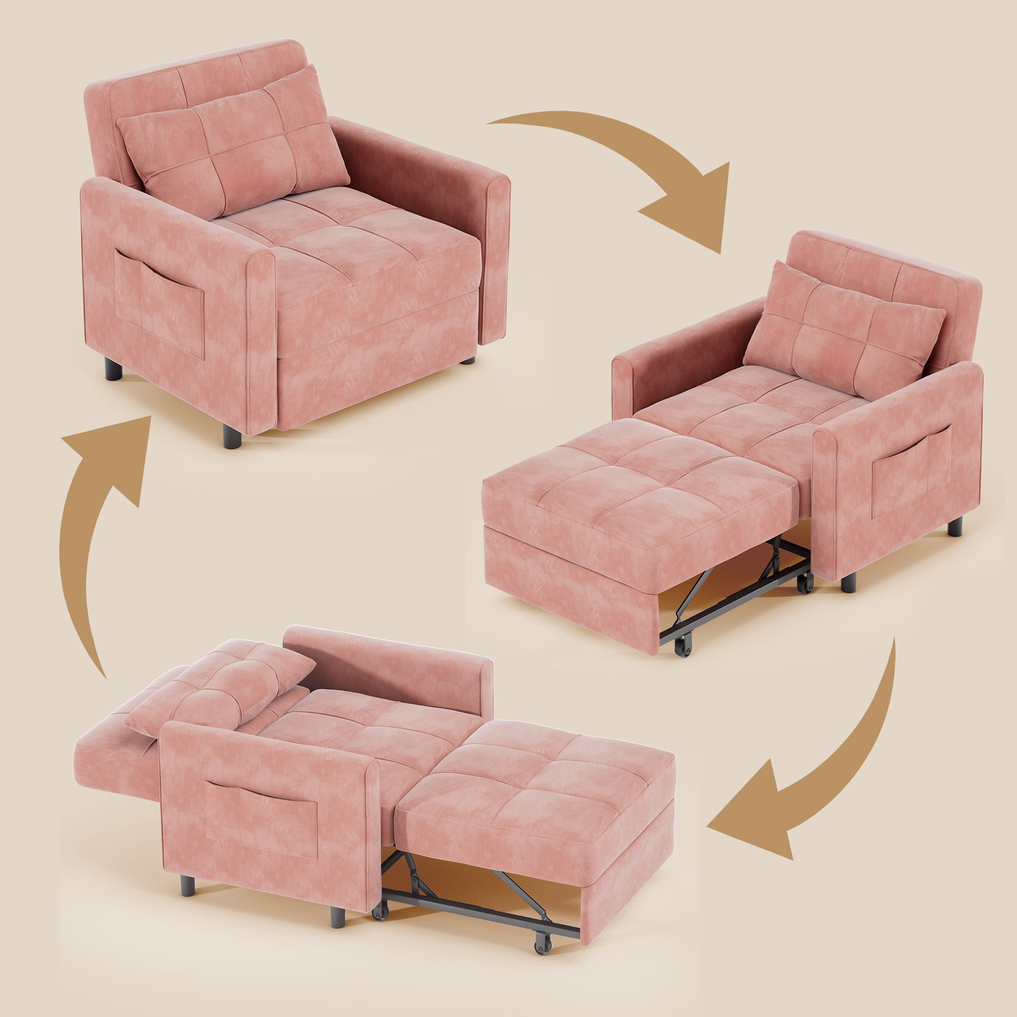 Asofer 3-in-1 Convertible Sofa Chair Bed with Adjustable Backrest, for Living Room, Office,Small Space,Velvet Pink