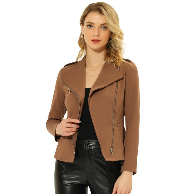 Unique Bargains Femmes Manches Longues Col Revers Fermeture Éclair Tricot Moto Veste de Motard Brun M