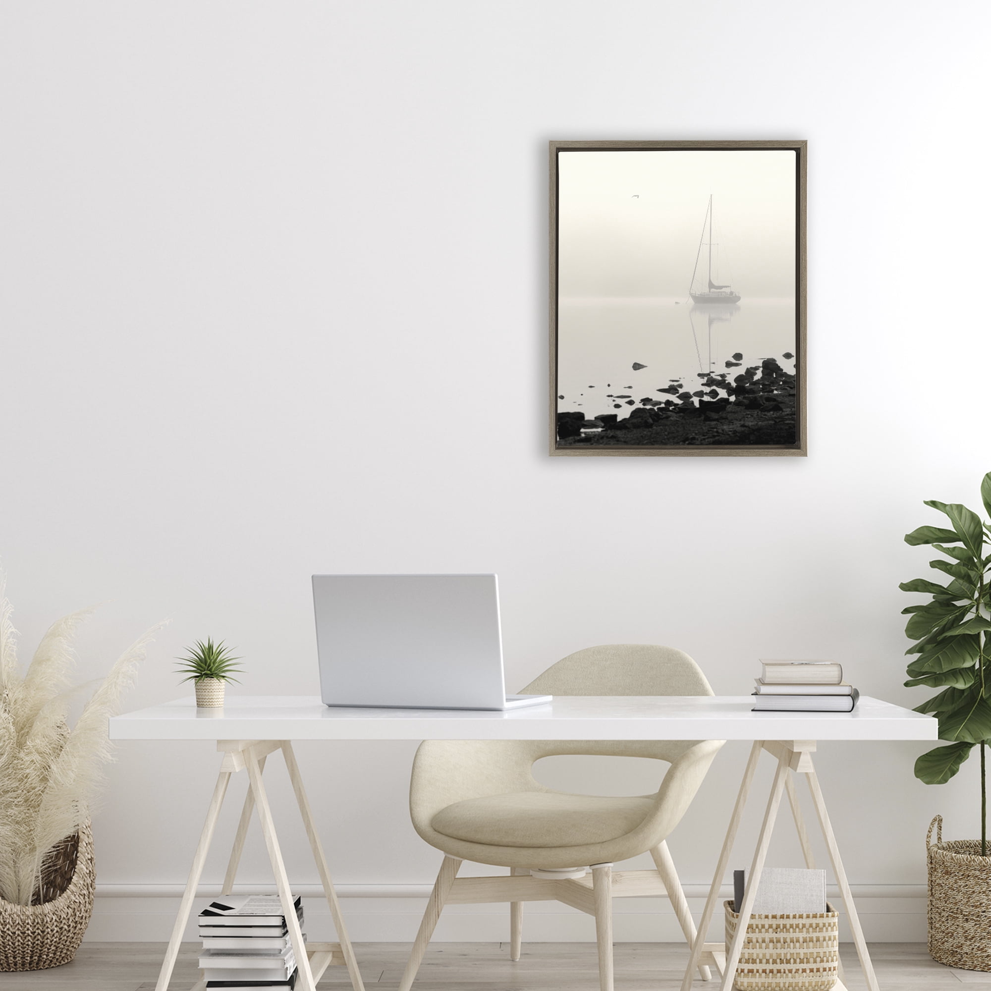 Stupell Industries Moored In Fog Brown Framed Floater Canvas Wall Art, design by Nicholas Bell