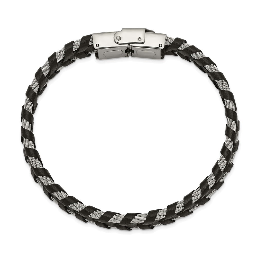 Diamond2Deal Stainless Steel Polished Cable and Black Leather Bracelet for Men 8.25"