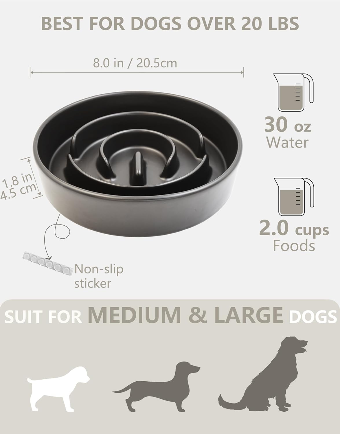 Ceramic Slow Feeder Dog Bowls, 2.0 Cups Slow Feeder for Medium Dogs, Puzzle Maze Bowl to Slow Down Eating, 30oz, 8in, Black