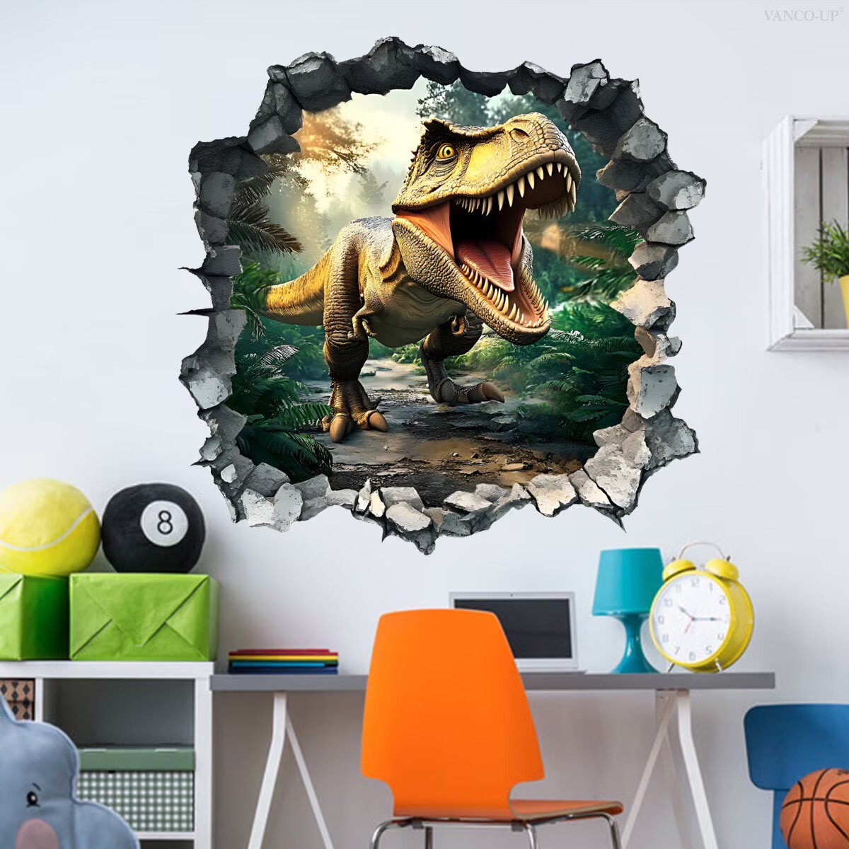 3D Broken Dinosaur Wall Decals for Boys Room, Break Through The Wall decal Peel and Stick Wall Art Decals Vinyl Wall Sticker for for Kids Bedroom Nursery Playroom Classroom