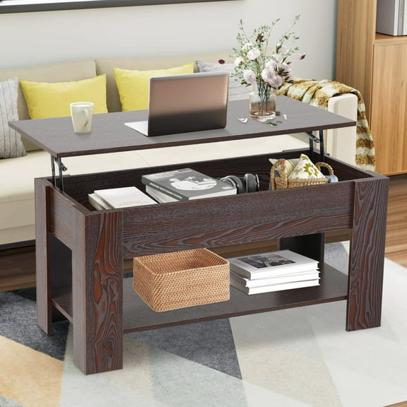 NiamVelo Wooden Lift Top Coffee Table with Hidden Compartment and Storage Shelf for Living Room, Espresso