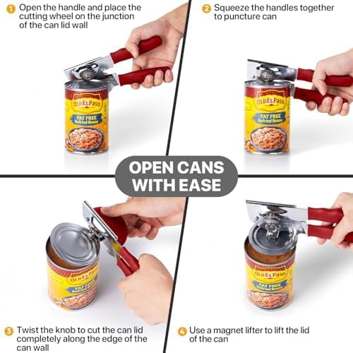 Can Opener Manual Heavy Duty,  Hand Held Can Openers for Seniors with Comfort Grip Sharp Blade, Solid Steel Hand Manual Can Open with Magnet for Kitchen Camping, Red