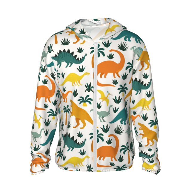 Fotbe Dinosaurs and Tropical Leaves Chaqueta con Protección Solar UPF 50+ para Hombre y Mujer, Camisa con Capucha y Bolsillos-Small