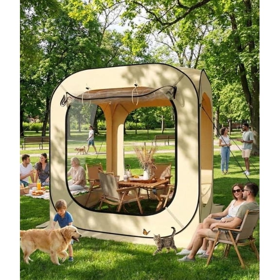 6x6ft All-Weather Pop Up Sports Tent with Mosquito Net, Carry Bag for Camping Fishing Sports, Portable Shelter for 2-3 People for Outdoor, Beige