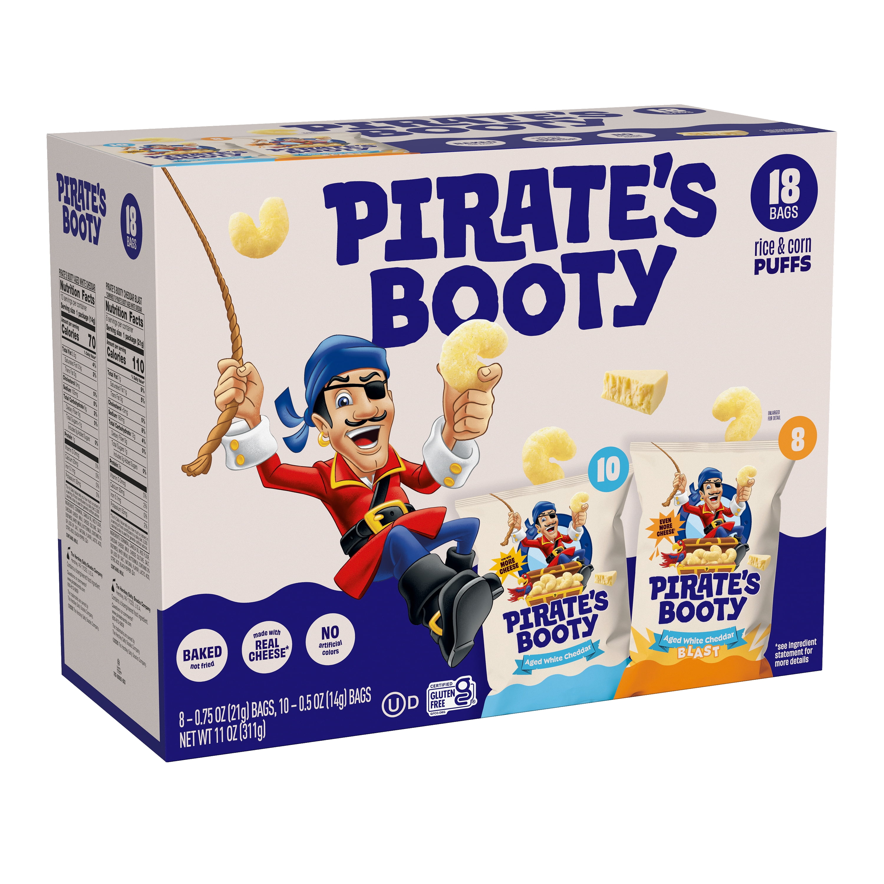 (3 pack) Pirate's Booty Gluten-Free Aged White Cheddar + Cheddar Blast Puffed Kid Snacks Variety Pack (18 count)
