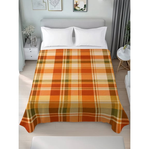 Queen Flat Sheet Only Autumn Season Orange Plaid Soft Microfiber Cooling Bedding Sheets Thanksgiving Theme Check Flat Bed Sheet for Hotel,Home Decor