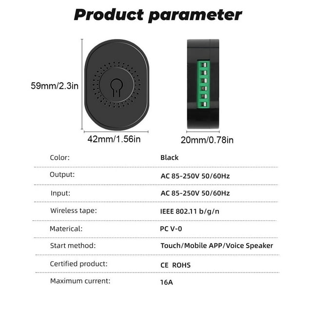 Light Switch Module WiFi Remote Control Breaker Wireless 2 Way Smart Switch Module, Black, 16A