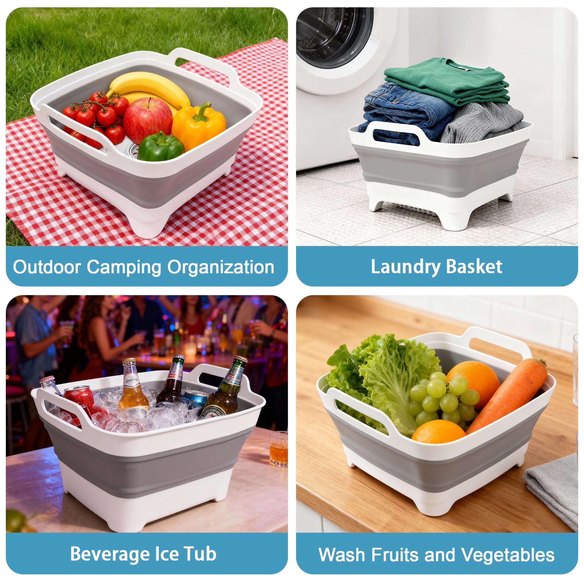 Collapsible Dish Tub, 9L Foldable Washing Basin With Drain Plug and Handles, Space-Saving Plastic Sink Basin for Kitchen, Camping, Laundry