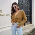 thumbnail image 3 of Defitshape Women's Long Sleeve Crop Top Knit Sweater Waffle Knit Sweater Lightweight Loose V Neck Twist Front Tie Knot Pullover Sweaters Khaki Large, 3 of 4