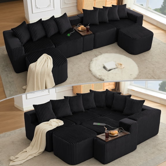ChenyueFurn 137.5" U-Shaped 6-Seat Corduroy Sofa, USB & Wireless Charging, Cup Holder Table & Movable Ottoman,Black