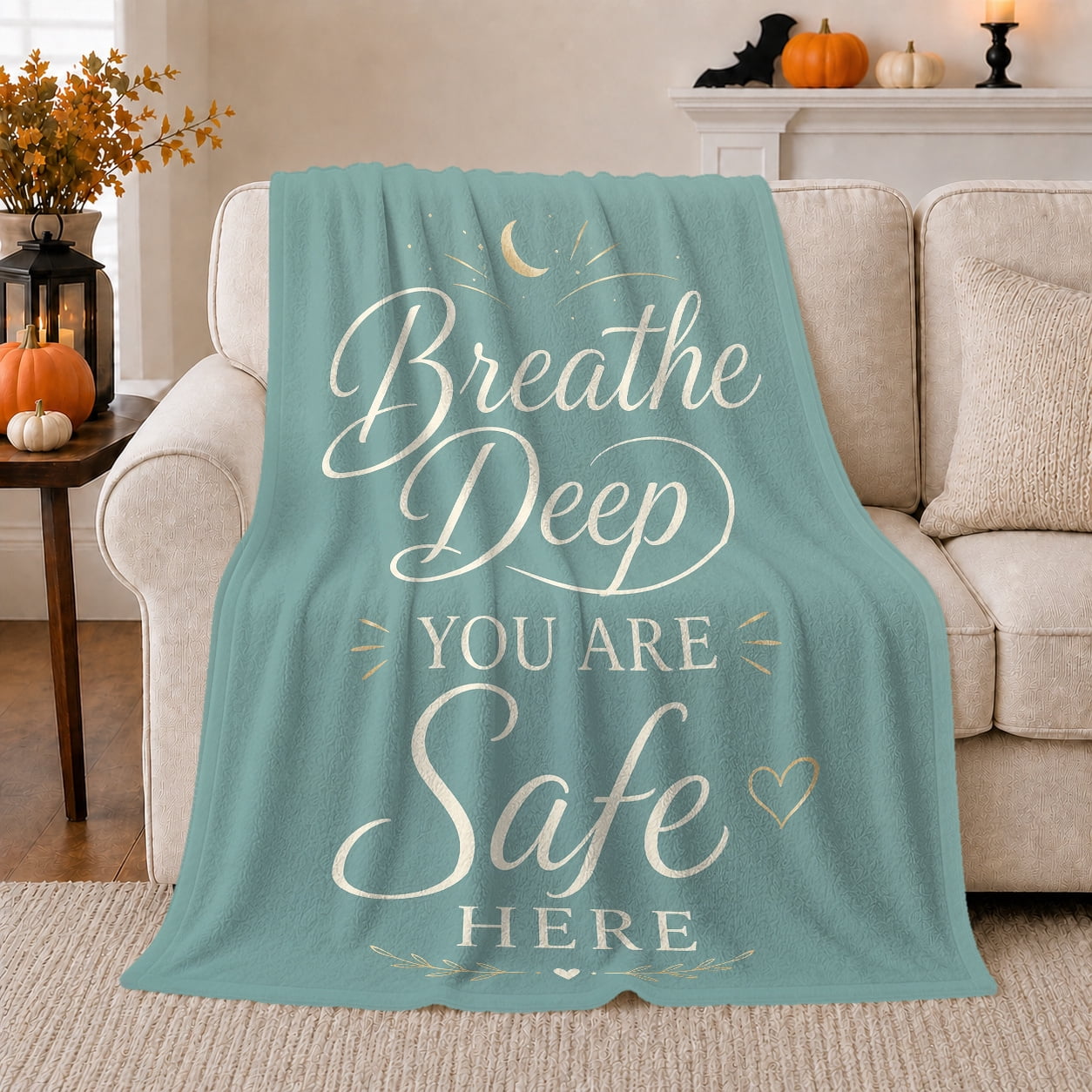Breathe Deep You Are Safe Here Quote on Sage Calming Modern Typography for Mindfulness Lovers Thank You Gift Cozy Flannel Blanket for Bedroom and Study Room Serene Home Decor