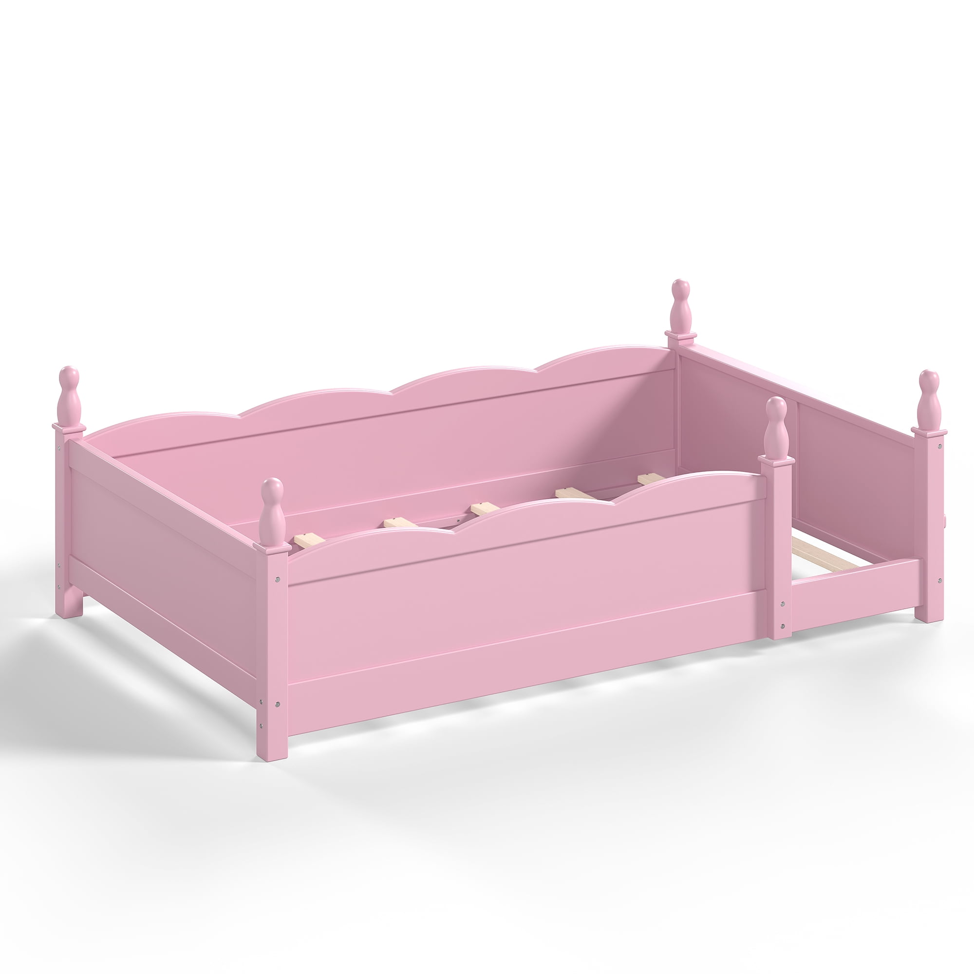 Montessori Twin Floor Bed with Full-Length Guardrails and Bookshelf, Low Profile Kids Bed with Childlike Design, Pink