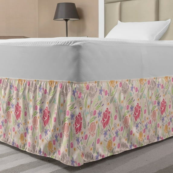 Botany Bed Skirt, Delicate Spring Garden with Blossoming Wildflowers and Peonies Romantic Concept, Elastic Bedskirt Dust Ruffle Wrap Around for Bedding Decor, 4 Sizes, Multicolor, by Ambesonne