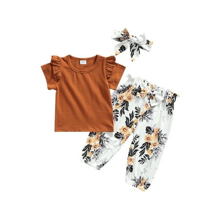 

Bowanadacles Solid Color O-Neck Short Sleeve Blouse+ Flower Print Shorts+ Headband