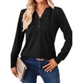 thumbnail image 3 of QAFOPEH Women's Button Down V Neck Long Sleeve Solid Color Casual Henley Shirt Tops, 3 of 7