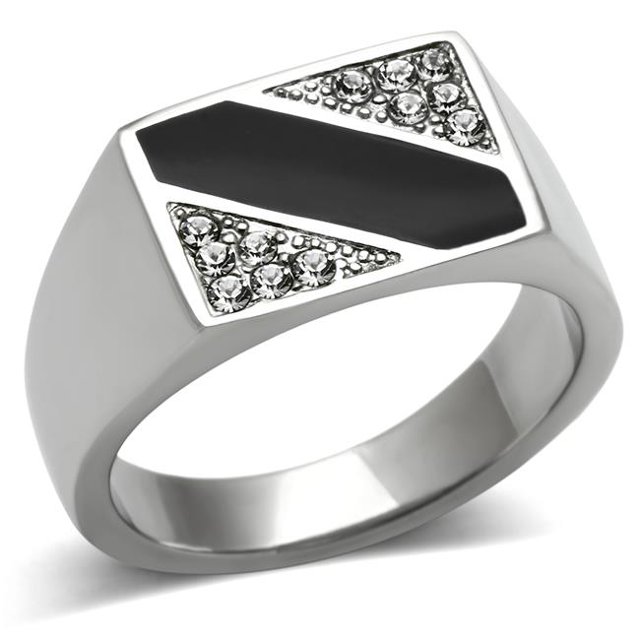 Men High Polished Stainless Steel Ring with Top Grade Crystal in Clear - Size 13