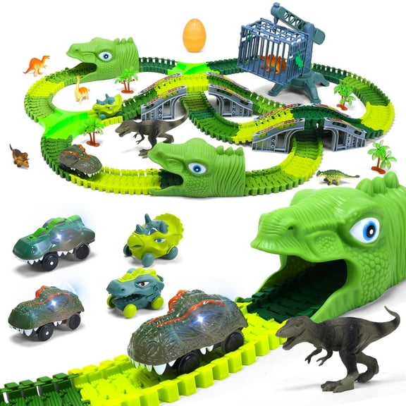 Dinosaur Toys, 277 PCS Flexible Race Track for Kids, STEM Building Road Train Toys with Dino Cars Trucks, Best Birthday Gifts for Boys Girls Toddlers