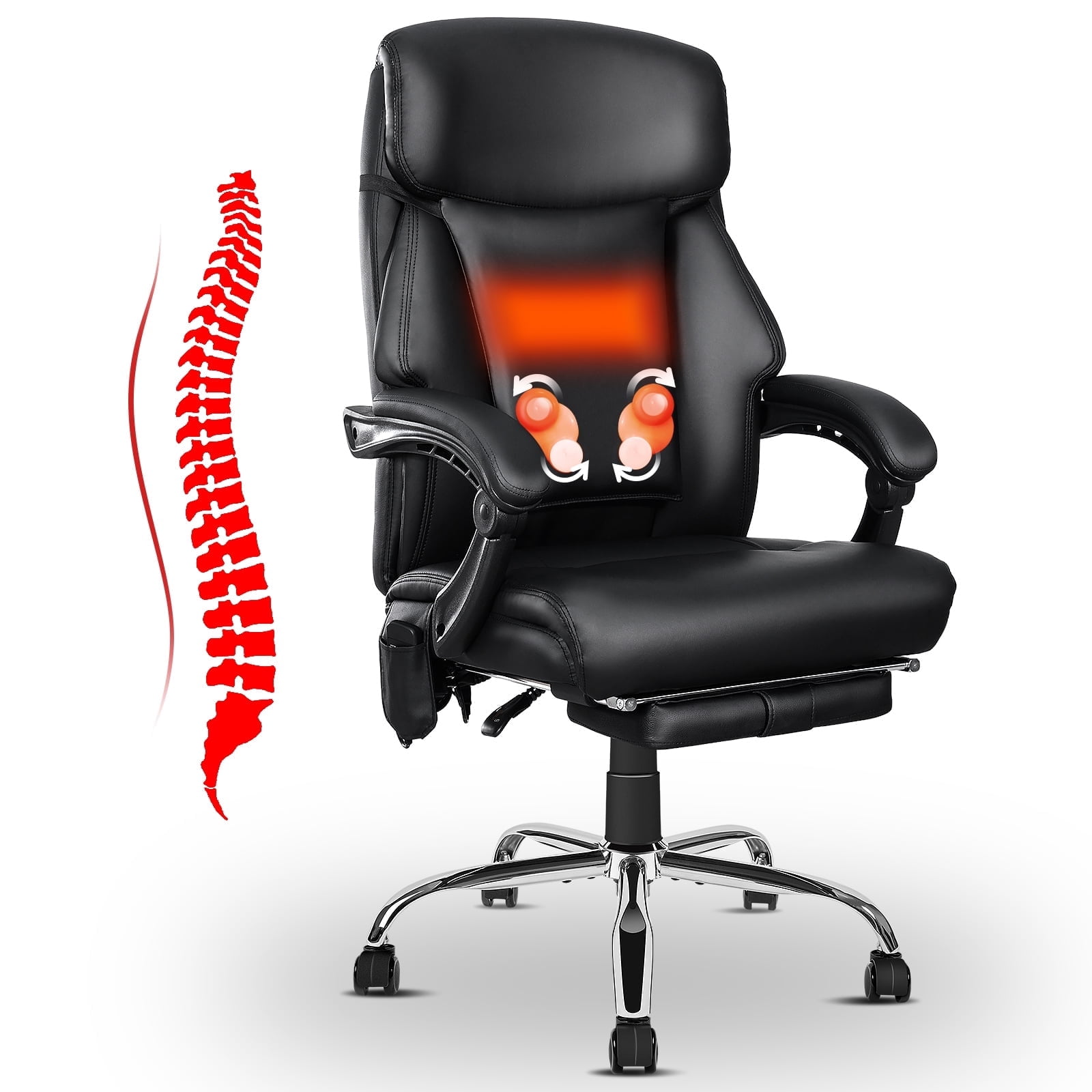 NOBLEMOOD 4 Points Massage Heated Office Chair with Foot Rest&Pillow Black Ergonomic Excutive Office Chair for Adult