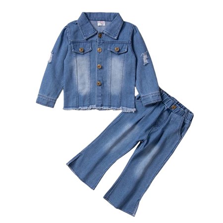 

elfinBE Baby Girl Child Cowboy Long Sleeve Coat Denim Flare Jeans 2PCs Outfits Set 18-24M 2-6T