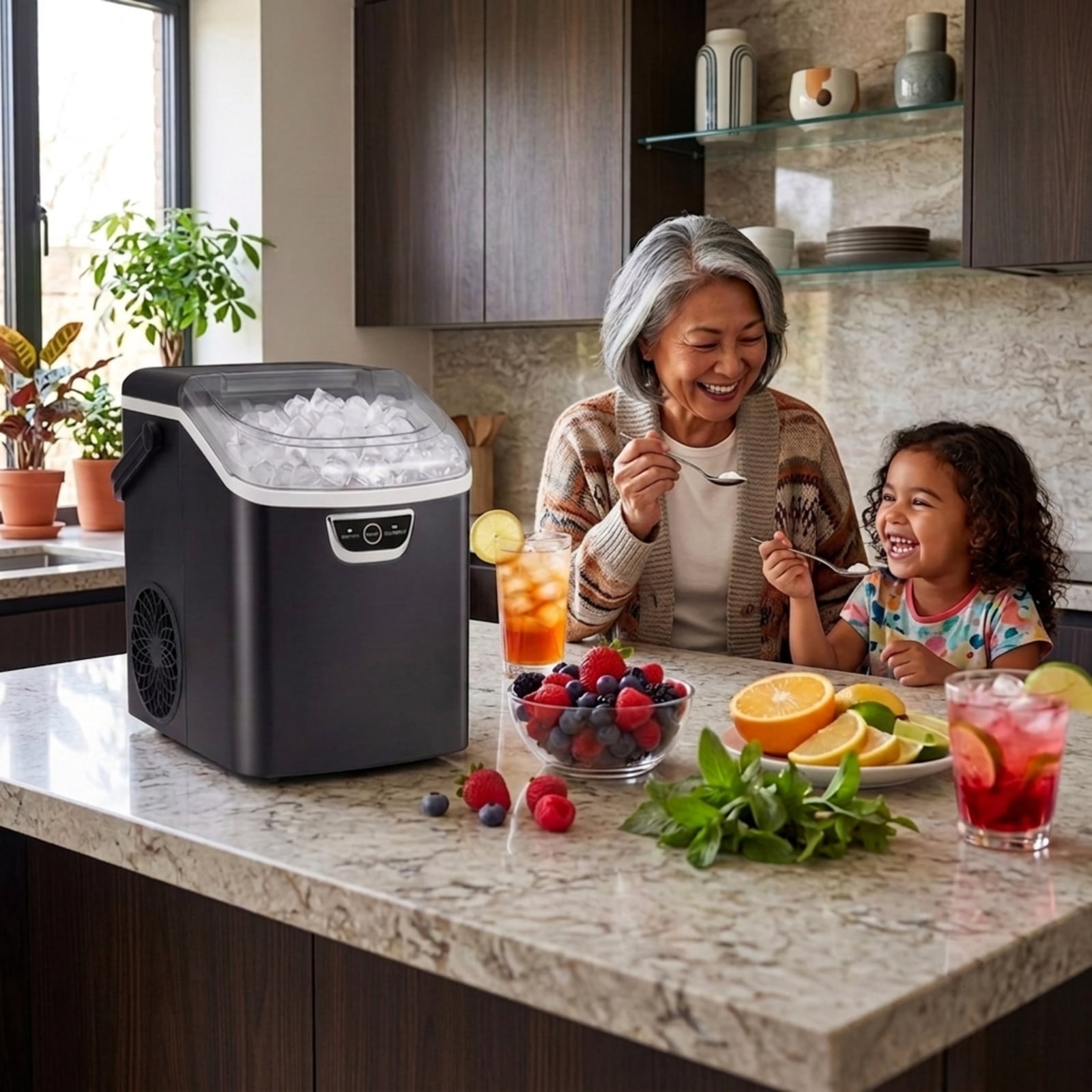 RUIE Nugget Ice Maker Countertop 33 lbs/Day, Soft Chewable Pellet Ice Machine with Ice-Full Alarm for Home Kitchen Bar Office, Portable, Black