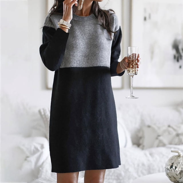 Gspmoly Robes pour Femmes, Mode Femmes Été Décontracté Ample Manches Longues Uni à Empiècements Robe Patchwork Robes de Cocktail Offres des Fêtes
