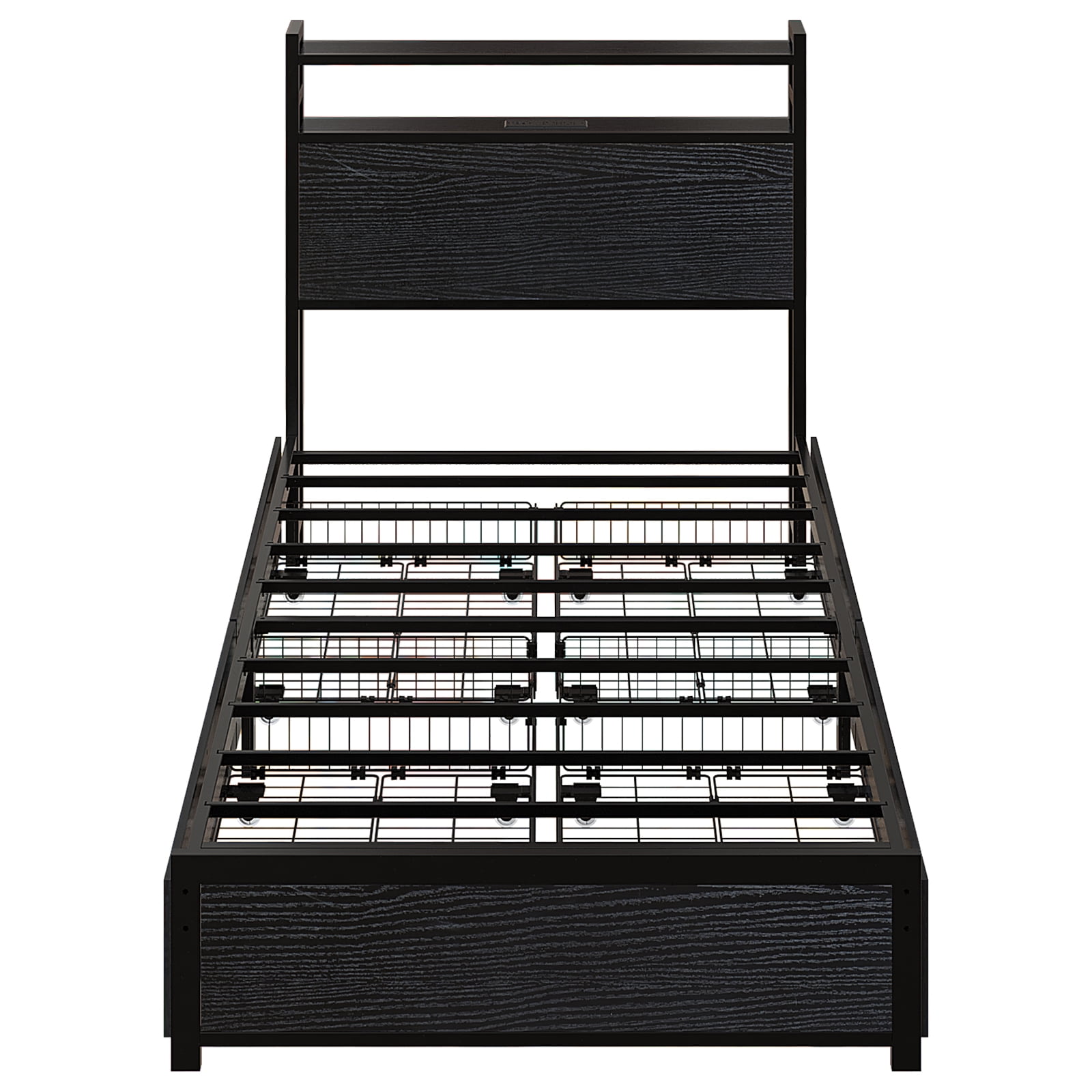 Ktaxon Twin Size Bed Frame with Charging Station & LED Storage Headboard, Metal Platform Bed Frame with 4 Underbed Drawers for bedroom, Gray