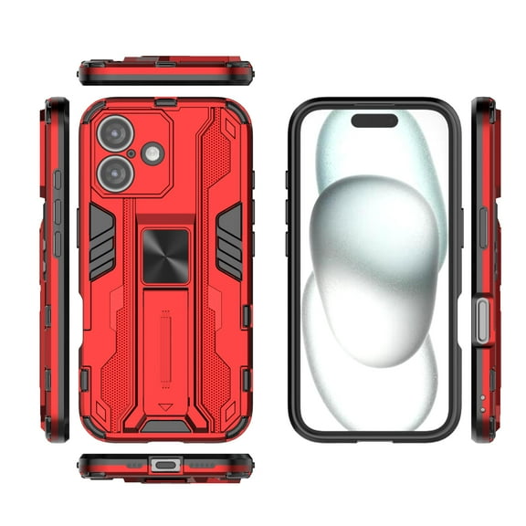 Feishell Hybrid Armor Rugged Case for iPhone 16,Support Magnetic Car Mount,Military Grade Drop Protection Hidden Kickstand Rugged Non-Slip Durable Phone Case for iPhone 16,Red