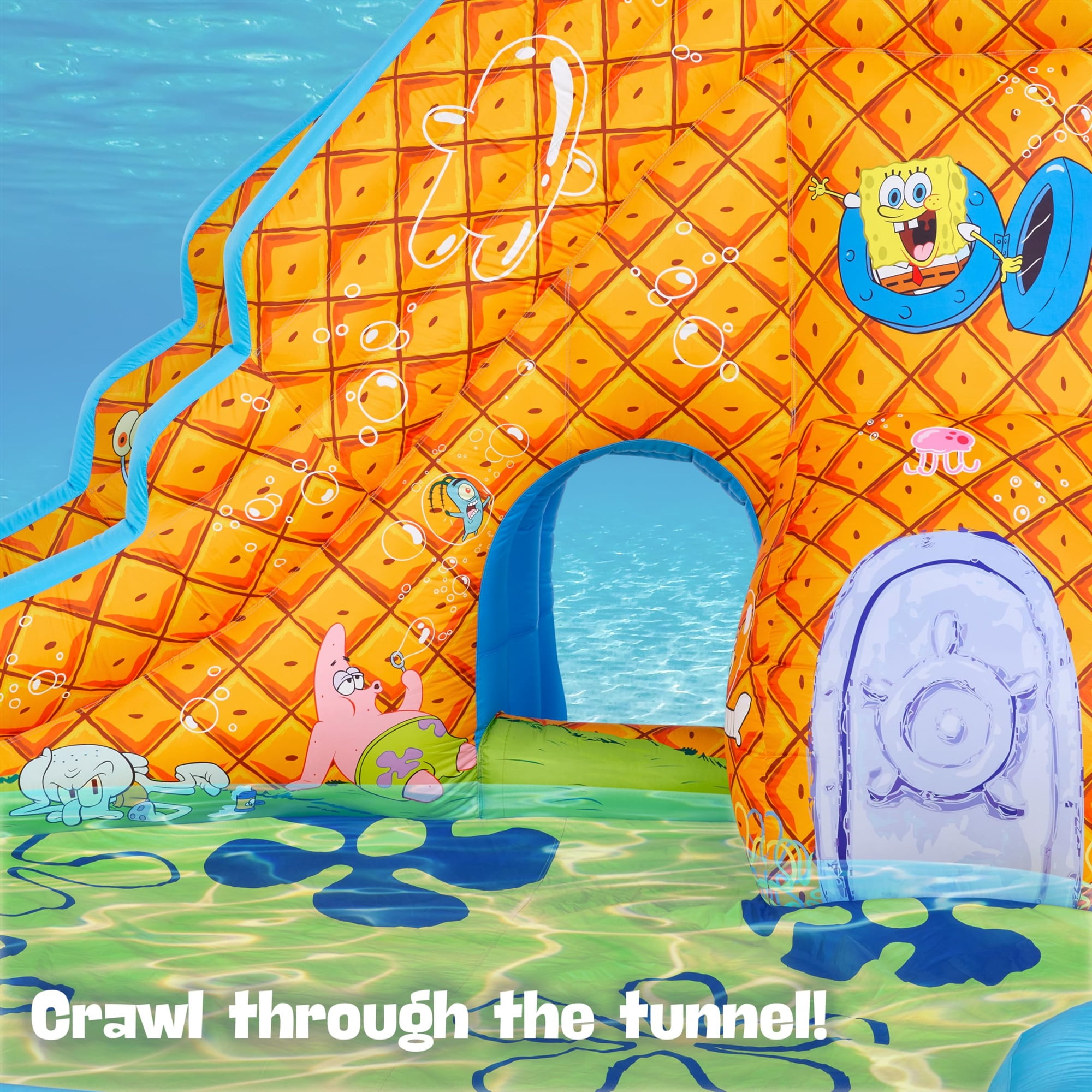Sunny & Fun Fun SpongeBob Inflatable Waterslide with Climbing Wall, Splash Pool, and Blower