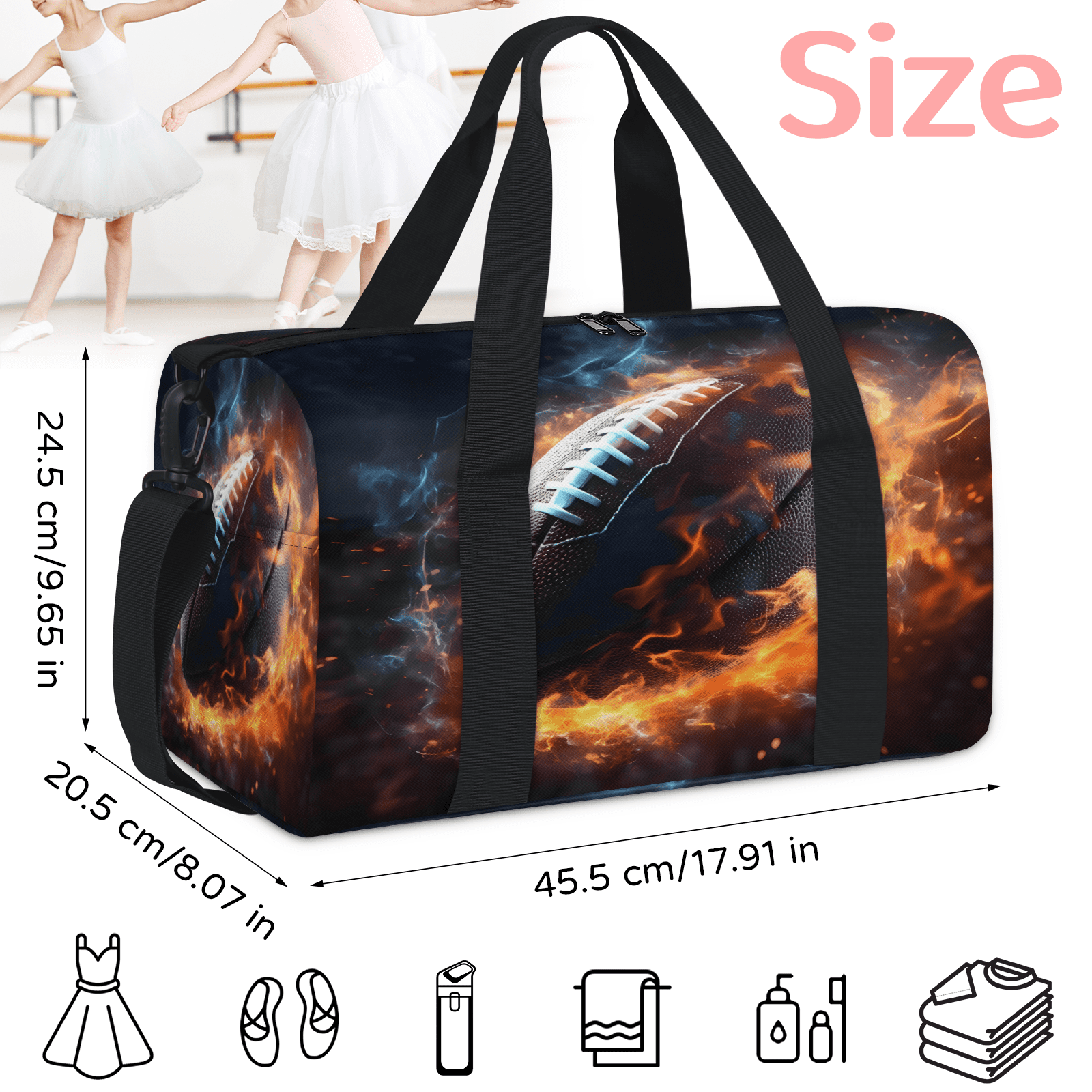 Herdesigns Football Rugby Sports Gym Bag for Women, Duffle Bag for Travel Sport, Lightweight Waterproof Carry on Weekender Overnight Dance Yoga Workout Bags