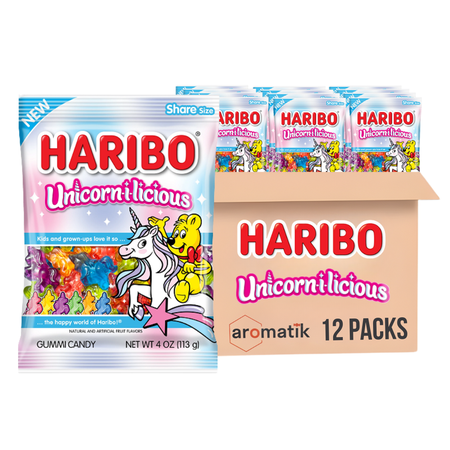 HARIBO Gummi Candy Unicorn-licious | 5-Ounce Bags, Pack of 12 | Magical Unicorn Fruit Flavored Gummies | Ships in an Aromatik™ Damage Proof Box