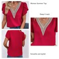 thumbnail image 3 of Camiseta de manga corta de pétalo con cuello en V profundo de encaje suelto informal de verano para mujer, 3 of 7