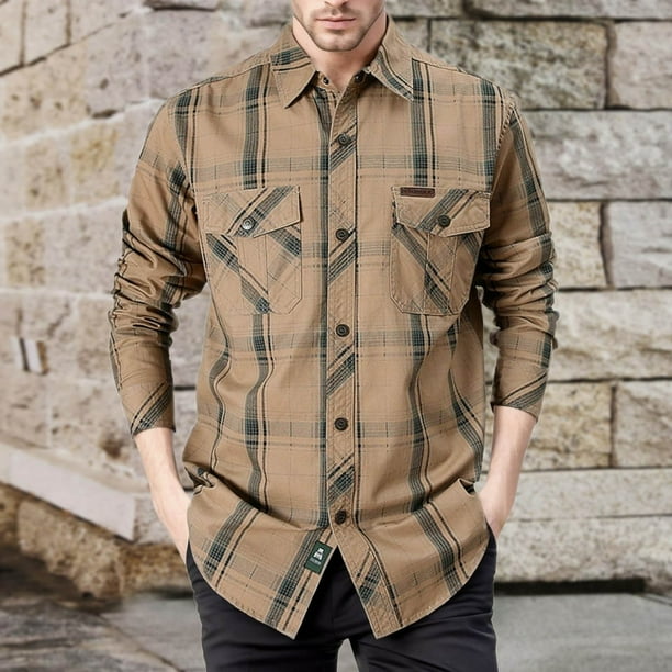 Camisas Vaqueras Para Hombre Camisa de manga larga a cuadros de otono para hombre Camisa de carga de algodon de talla grande informal de negocios para hombres Khaki 4XL Walmart en