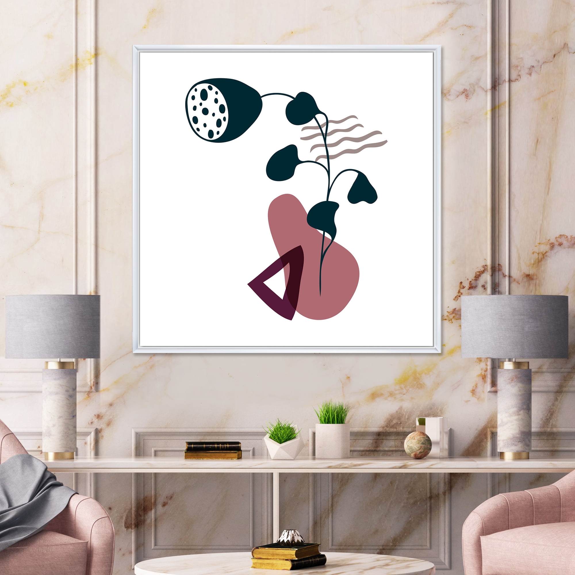 Designart 'Abstract Flowers Plants With Elementary Shapes V' Modern Framed Canvas Wall Art Print
